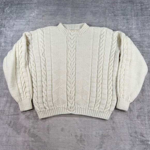Unbranded Sweaters - Vintage Cable Knit Sweater Womens XL Cream Chunky Aran Fisherman Pullover